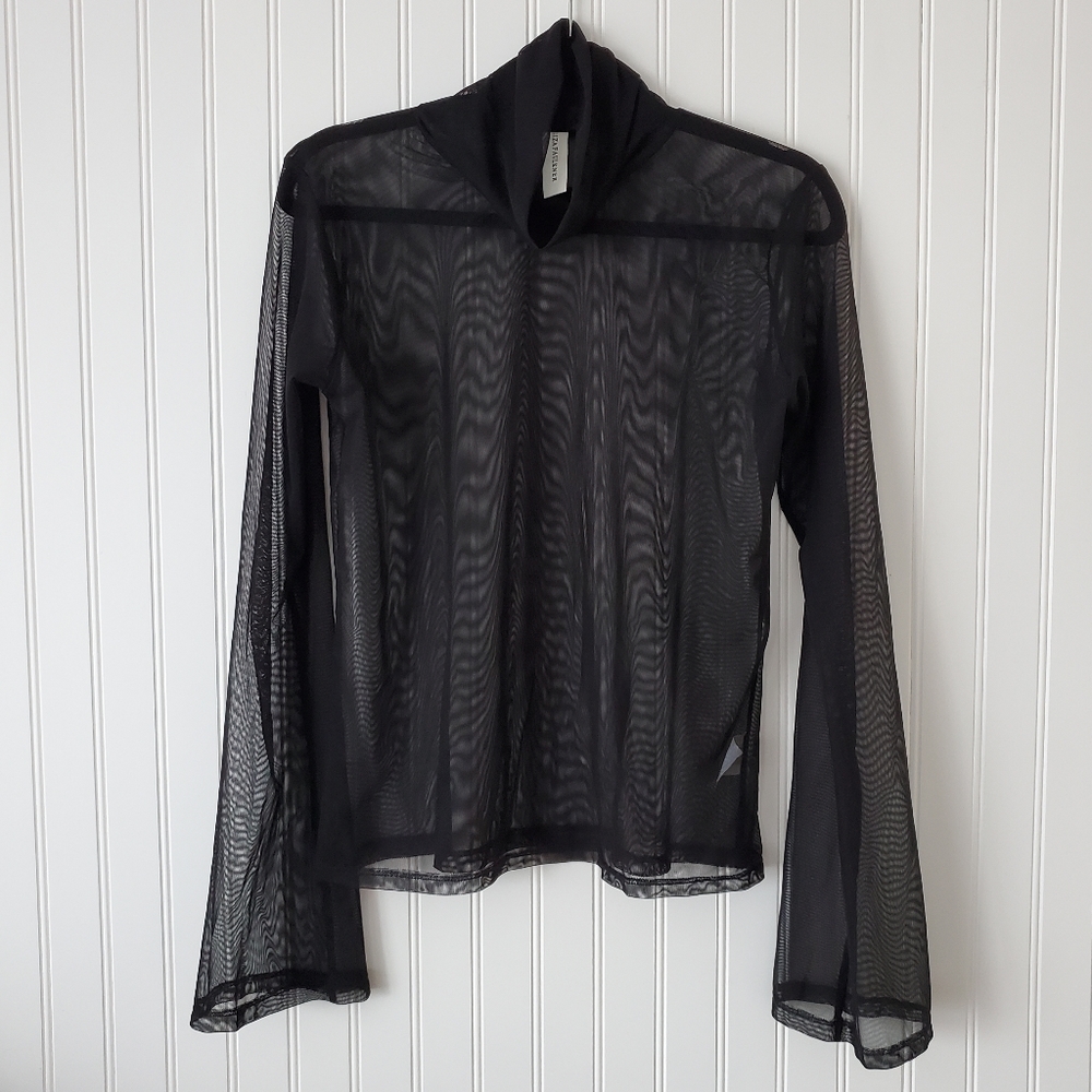 Black mesh bell sleeve turtleneck by Eliza Faulkner - made in Canada size XL